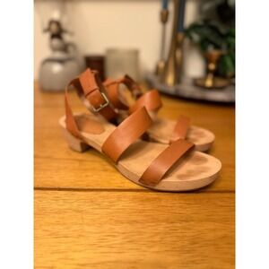 Madewell Womens Clog Sandals Leather Ankle Strap Heel Wooden Sole Brown Shoes 8